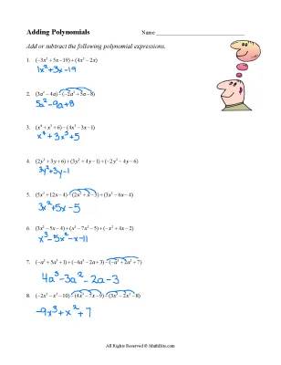 Fun Adding and Subtracting Polynomials Worksheets with Answers