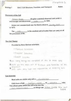 Biology Cell Stucture, Function, and Transport notes 