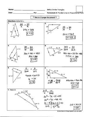 Explore Similar Triangles and Parallel Lines with Worksheets and Answer Keys