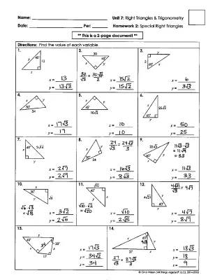 Right Triangles and Trigonometry Homework Help with Answer Keys