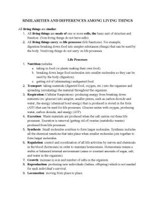 Understanding Similarities and Differences Among Living Things - Worksheet, Answer Key, and Life Processes Explained