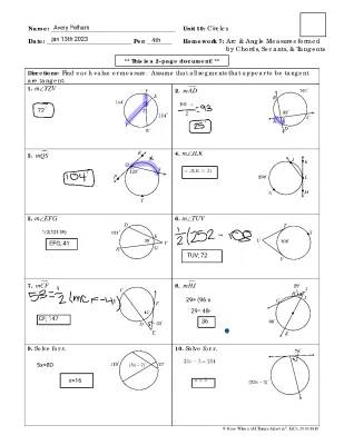 Fun with Circles: Chords, Secants, and Tangents Worksheet Answers