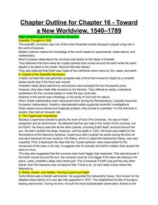 Chapter Outline for Chapter 16 - Toward a New Worldview, 1540–1789