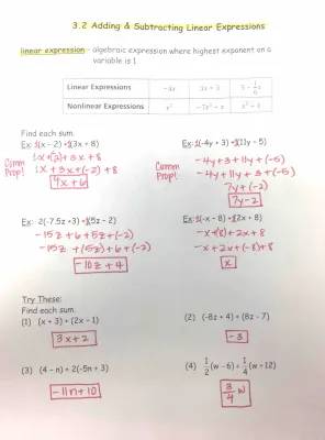 Adding and Subtracting Linear Expressions Worksheet & Examples