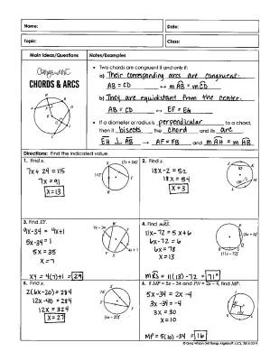 Easy Congruent Chords and Arcs Worksheet with Answers