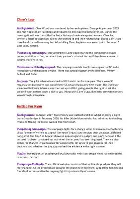 Compare Campaigns for Change: Clare's Law and Justice for Ryan Essay - Questions and Answers