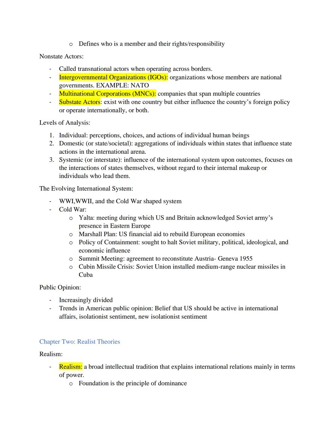 International Relations Mid Term 1 Review:
Chapter One: The Globalization of International Relations
International relations: concerns the r