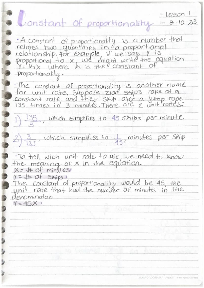 Constant
of proportionality
• A constant of proportionality is a number that
relates two quantities in a proportional
relationship. For exam