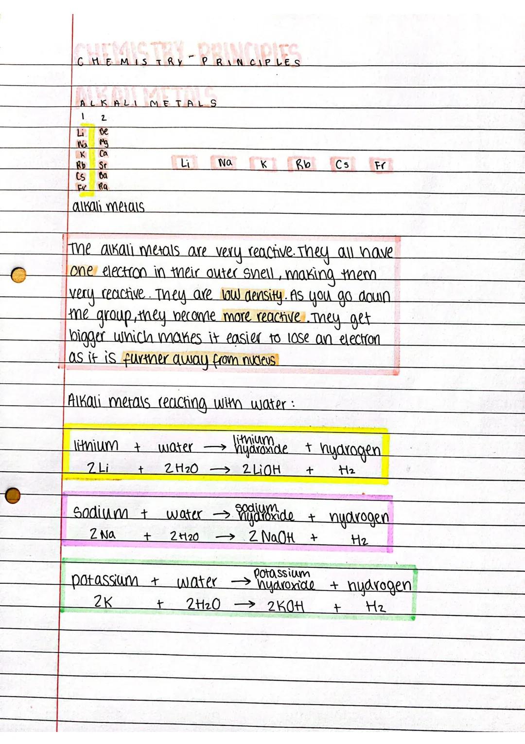 O
CHEMISTRY - PRINCIPLES
ALKALI METAL S
1
2
Li
De
Na Mg
K
Ca
Rb
Sr
CS
ba
FK
Ra
alkali metals
Li
Na
lithium + water →
2 Li
+
2H20 →
Sodium t
