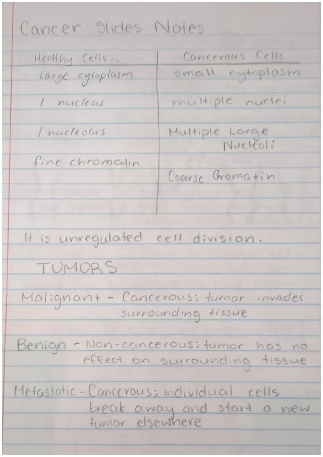 Cancer Slides Notes
Healthy Cells
Large cytoplasm
I nucleas
I nucleolus
fine chromatin
Concerous Cells
small cytoplasm
multiple nuclei
Benig