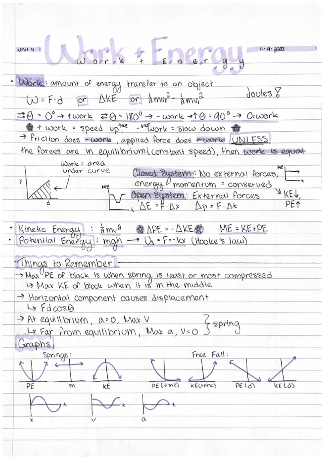 -Wark + Energy:
transfer to an object
or Amur ² mv. 2
: amount of
F
W = F·d
or
= 0 = 0° → + work = = 180° → -
energy
AKE
+ work =
speed up K