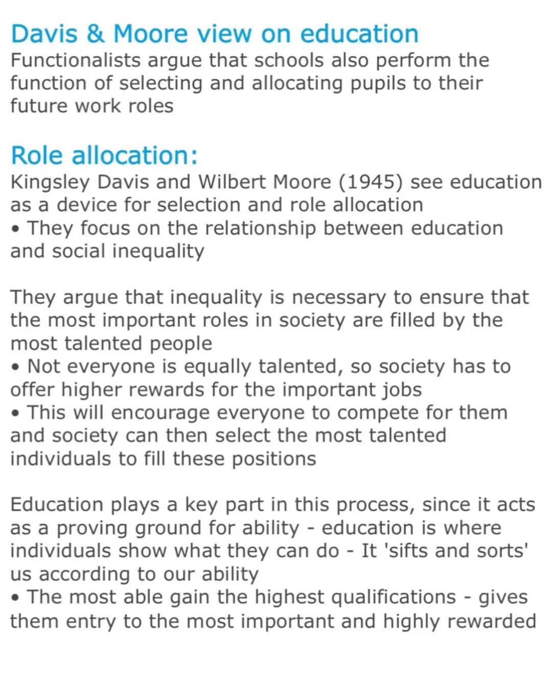 Durkheim's view on education:
The french sociologist Emile Durkheim (1903), the
founder of functionalist sociology, identified two
main func