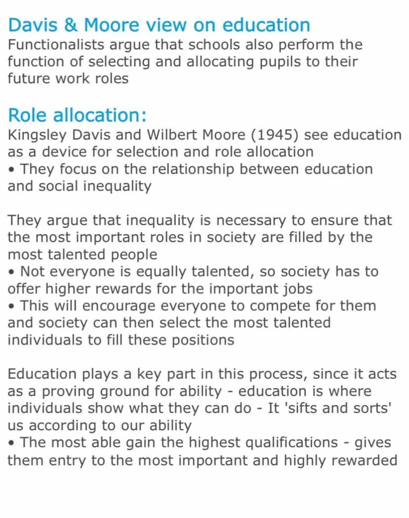 Durkheim's view on education:
The french sociologist Emile Durkheim (1903), the
founder of functionalist sociology, identified two
main func