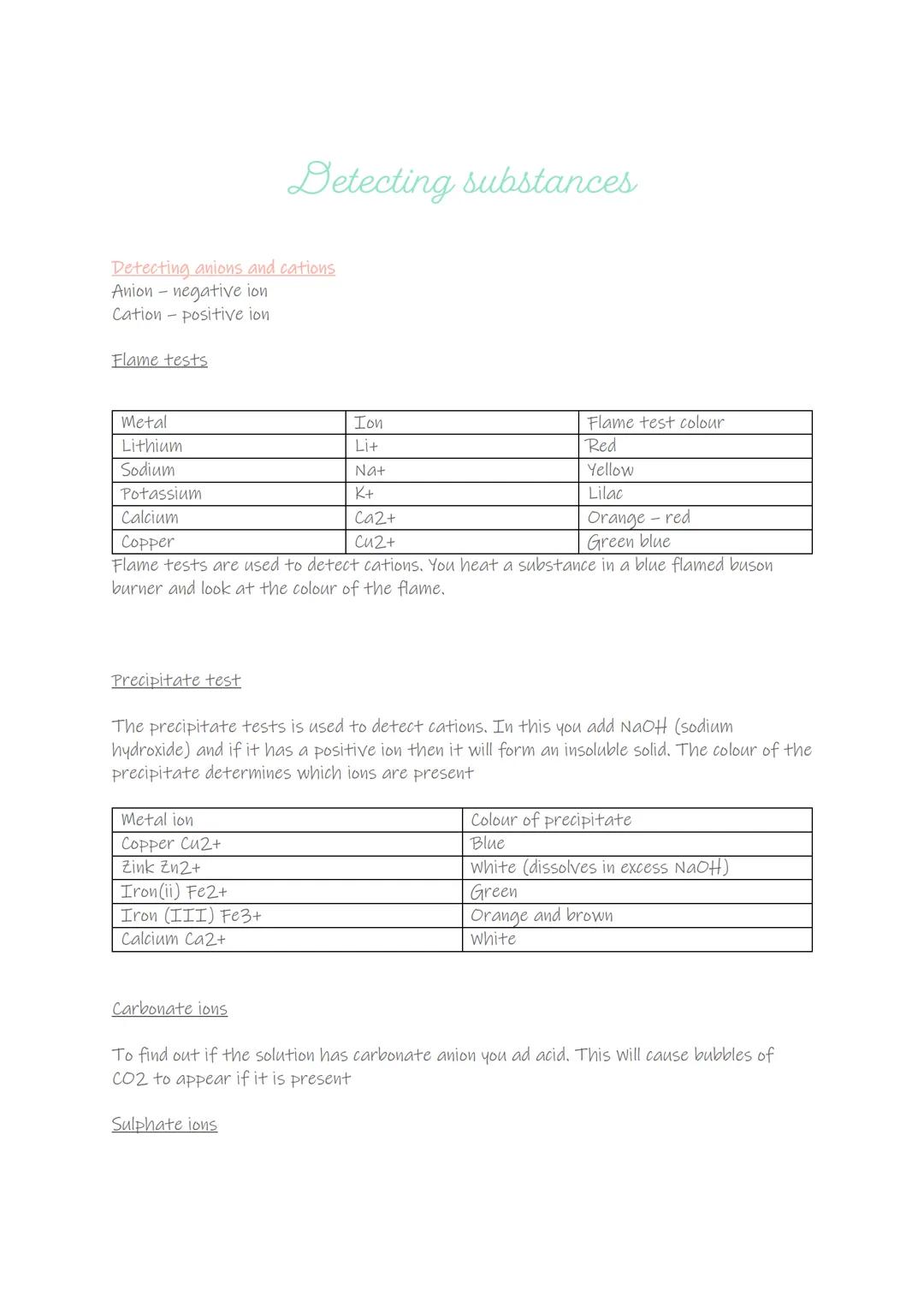 Detecting anions and cations
Anion - negative ion
Cation positive ion
Flame tests
Metal
Lithium
Sodium
Potassium
Precipitate test
Metal ion
