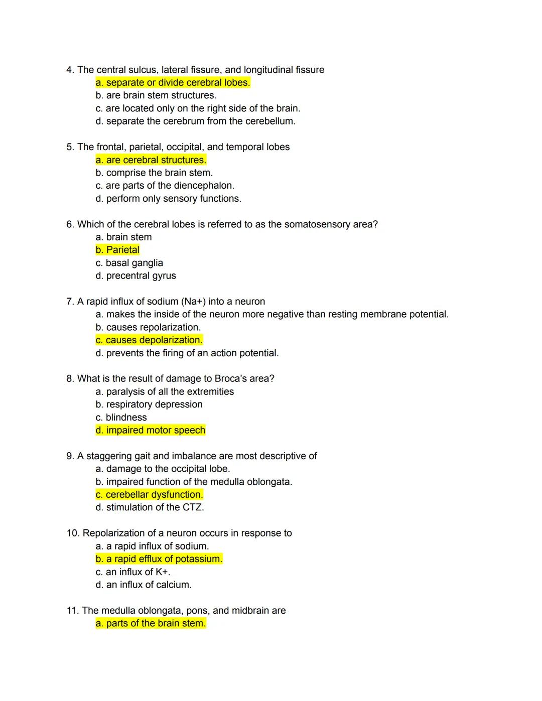 Matching
Organization of the Nervous System
Directions: Match the following terms to the most appropriate definition by writing the correct
