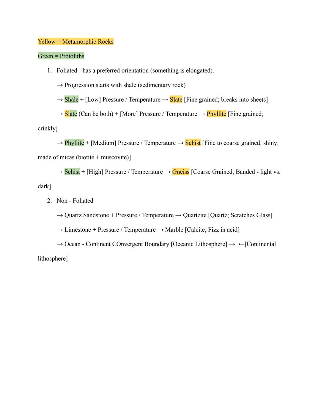 11-7-22: Lesson 8 Notes
→ Metamorphic Rock -
→Protolith →→ →→→ Metamorphic Rock (Turned using pressure, temperature, and
fluids) NO MELT
→ P