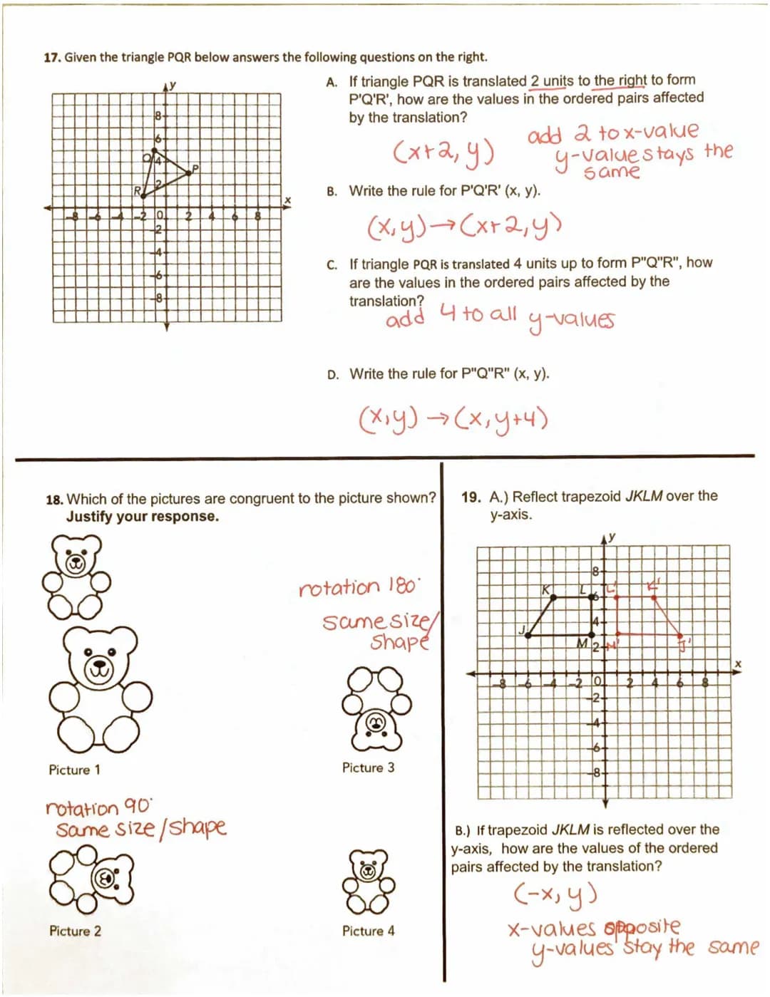 1. Determine which transformation represents each scenario below: Translation, Rotation, or Reflection.
A. Looking into a lake and seeing yo