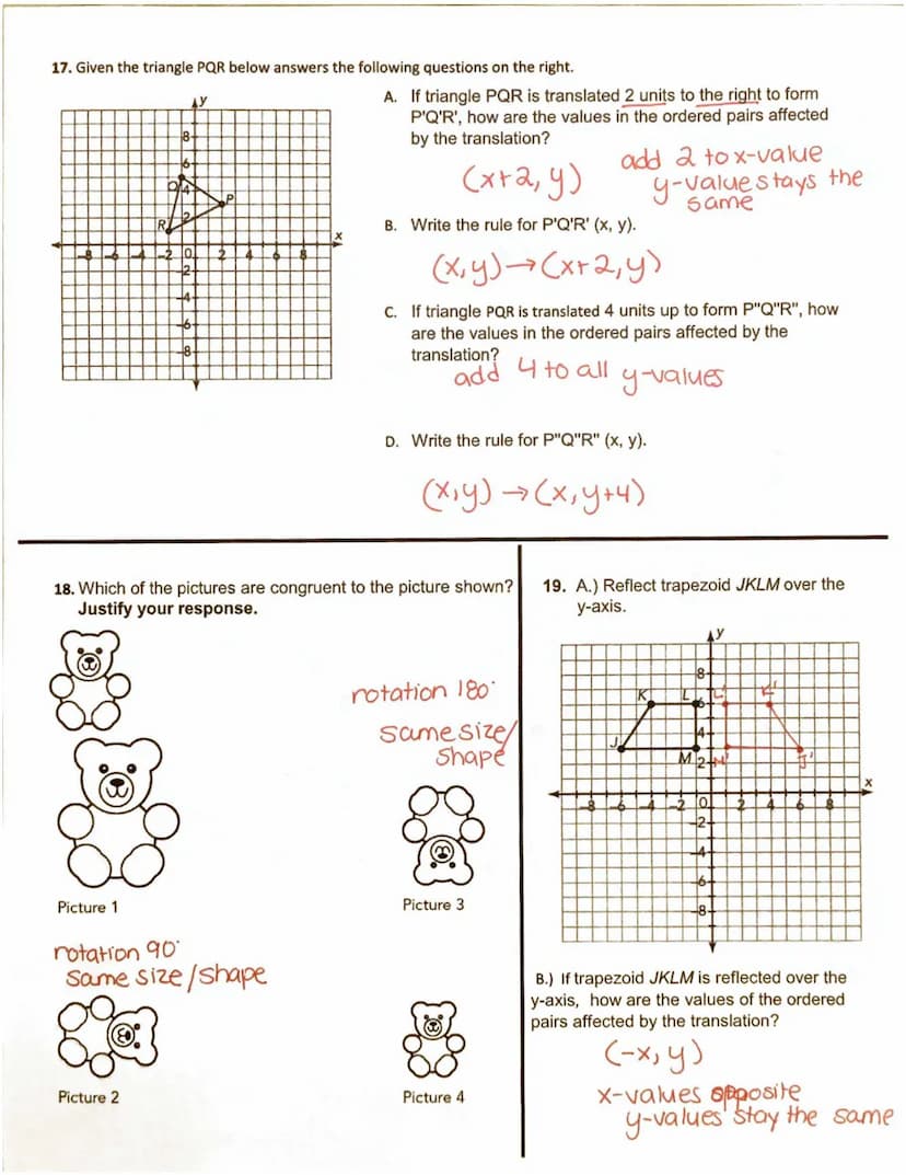 1. Determine which transformation represents each scenario below: Translation, Rotation, or Reflection.
A. Looking into a lake and seeing yo