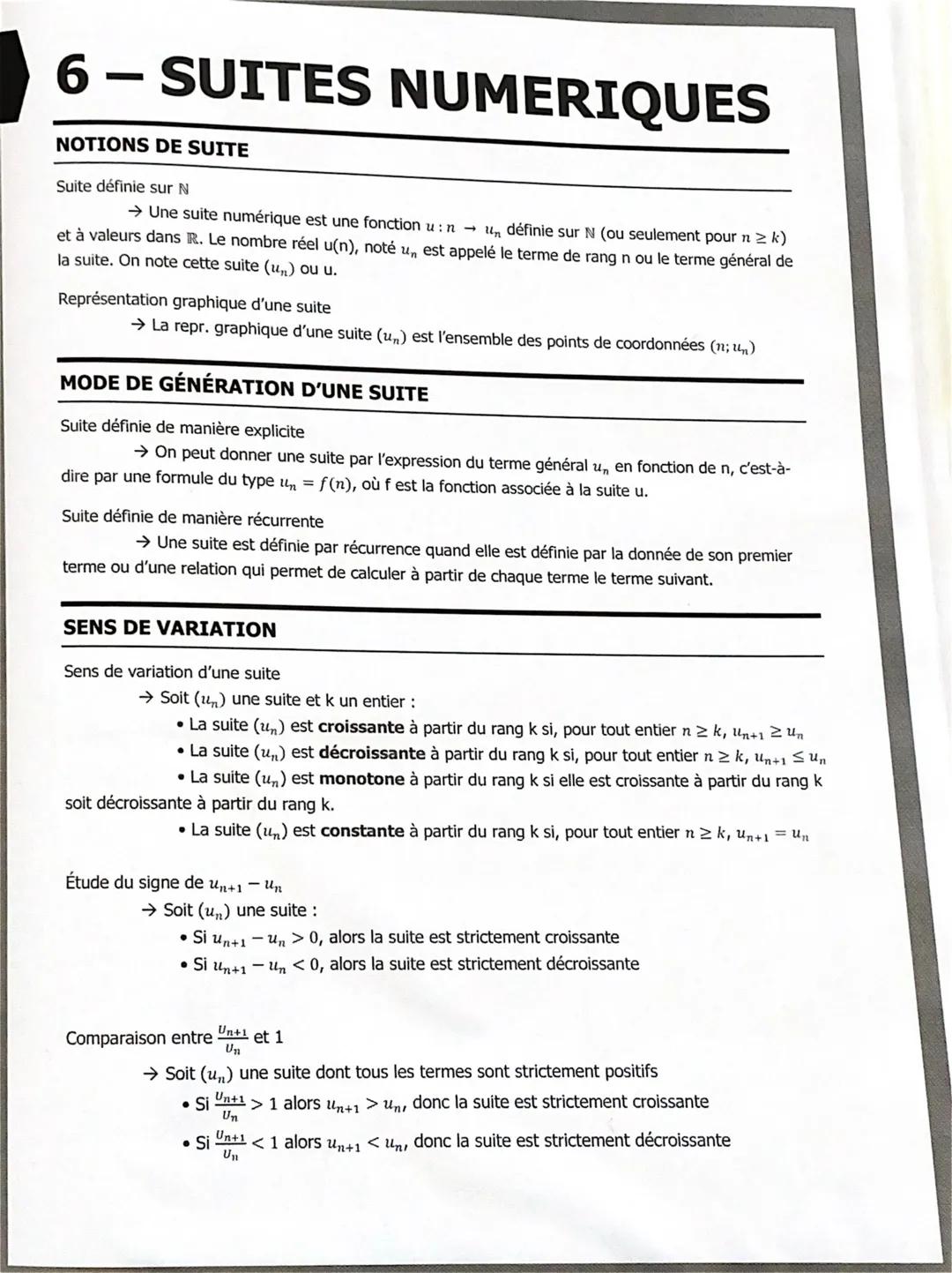 # 6 – SUITES NUMERIQUES

NOTIONS DE SUITE

Suite définie sur N

→ Une suite numérique est une fonction $u: n \rightarrow u_n$, définie sur N