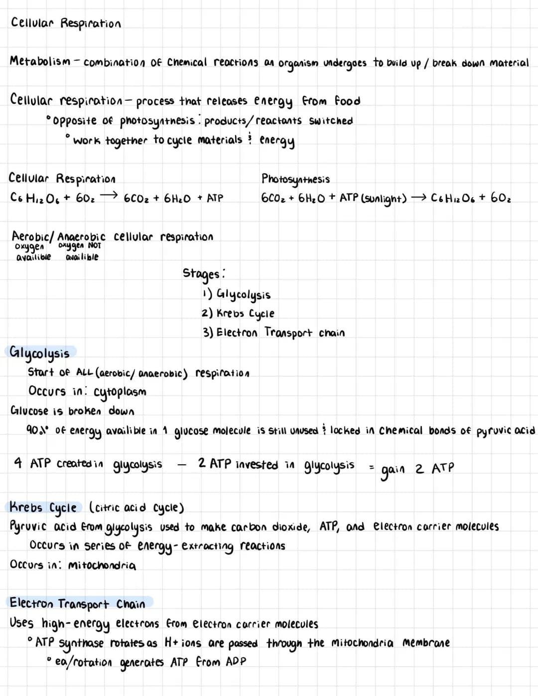 Cellular Respiration
Metabolism-combination of Chemical reactions an organism undergoes to build up / break down material
Cellular respirati