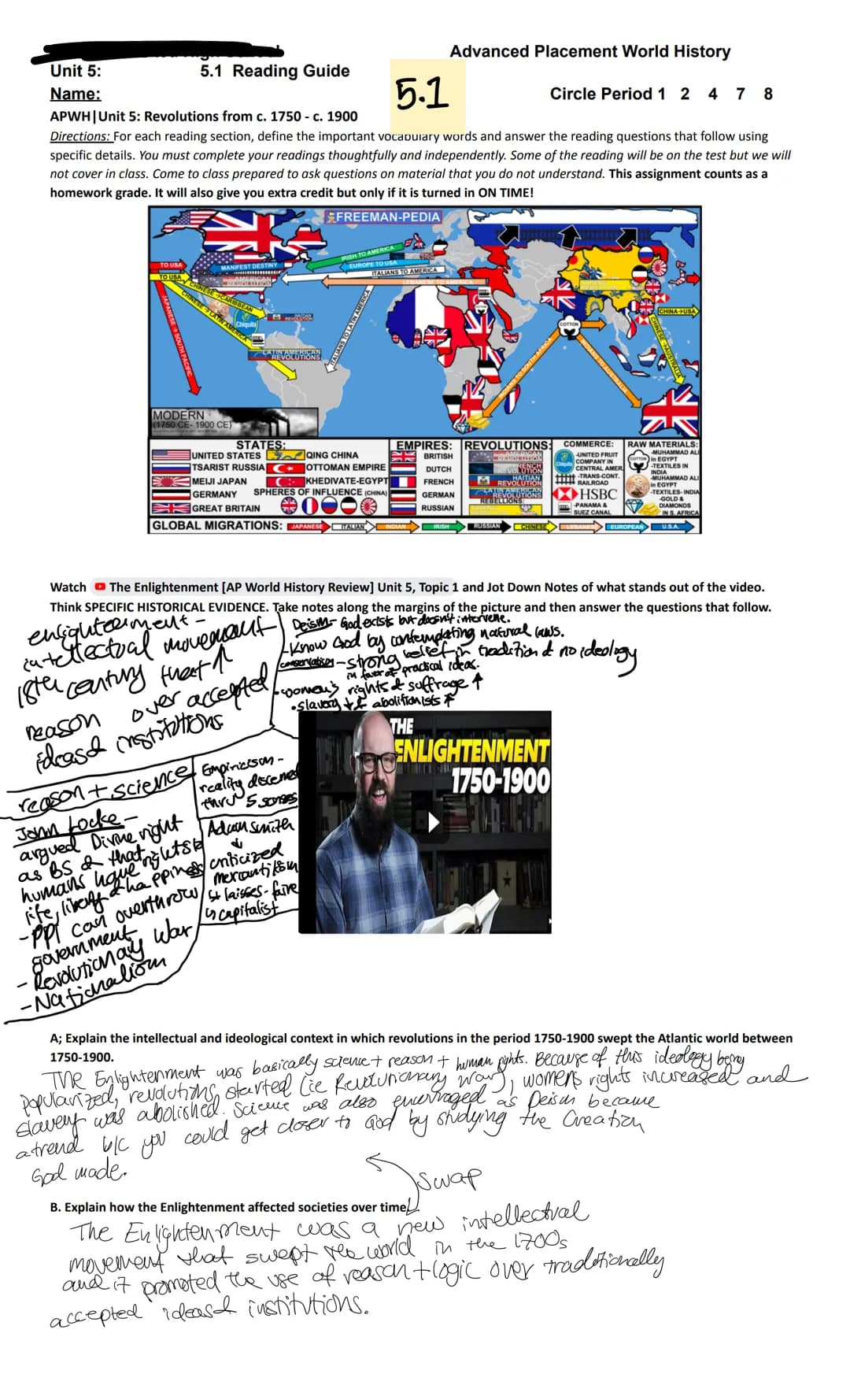 Unit 5:
Name:
5.1
APWH | Unit 5: Revolutions from c. 1750 - c. 1900
Directions: For each reading section, define the important vocabulary wo