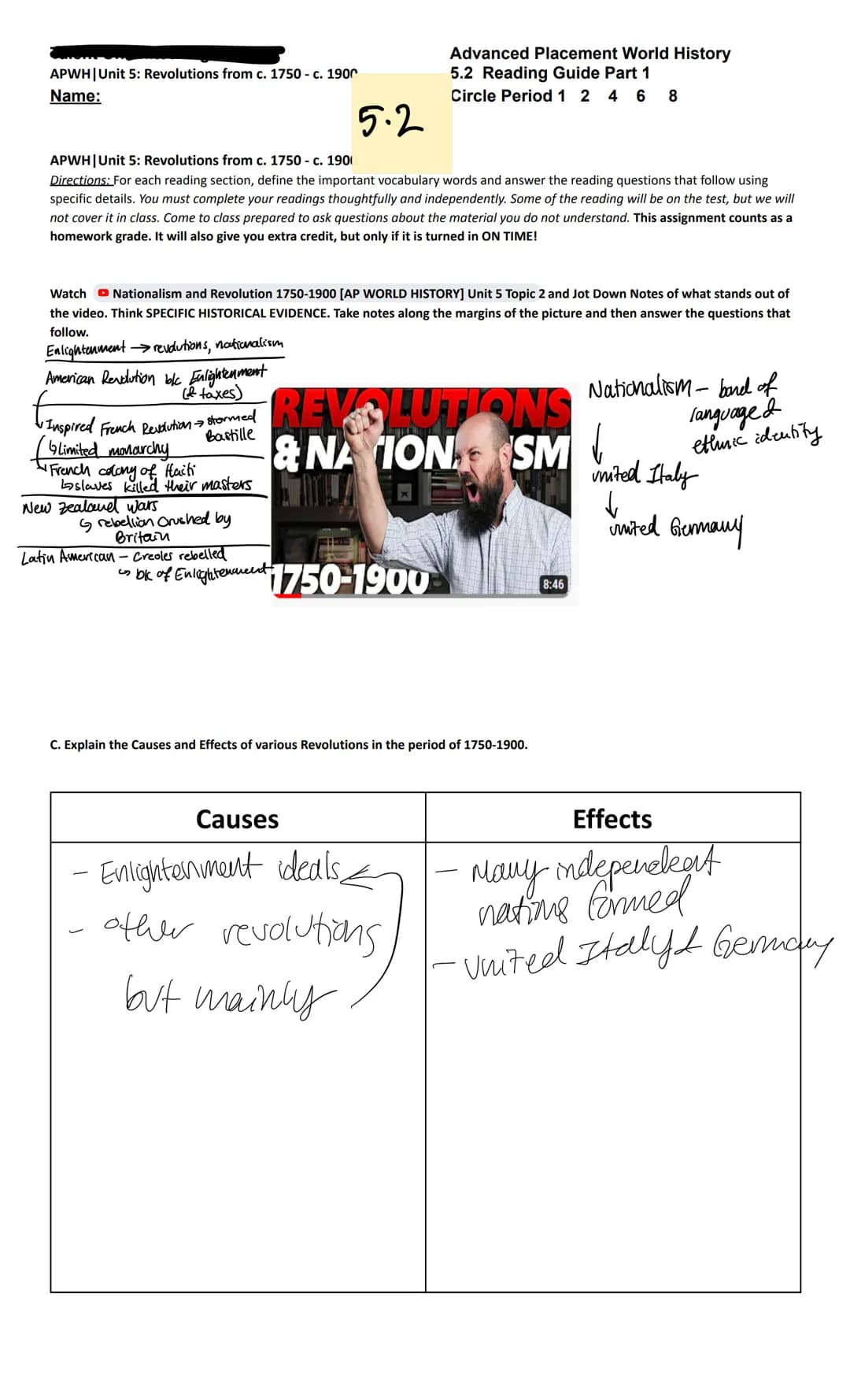 Unit 5:
Name:
5.1
APWH | Unit 5: Revolutions from c. 1750 - c. 1900
Directions: For each reading section, define the important vocabulary wo