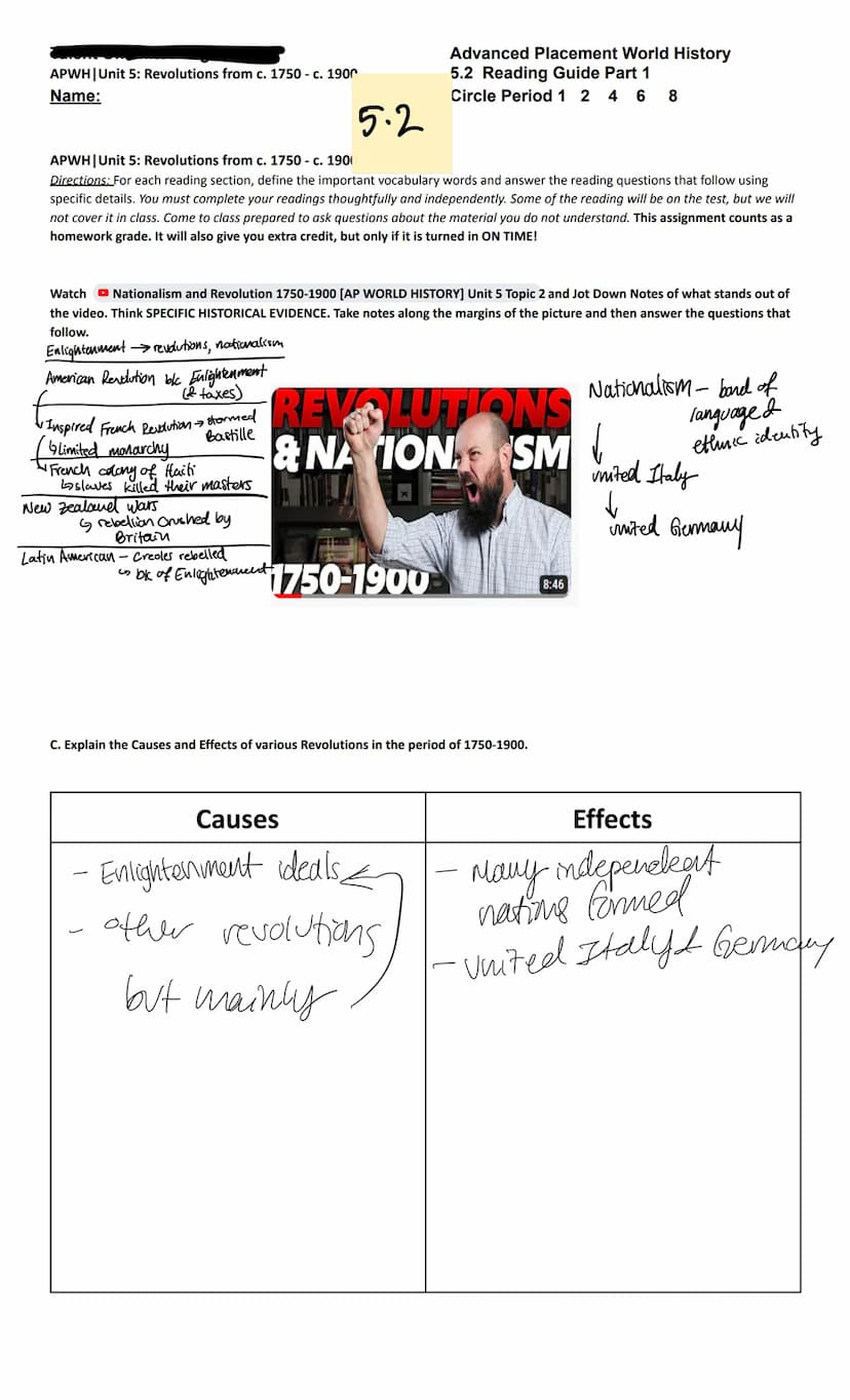 Unit 5:
Name:
5.1
APWH | Unit 5: Revolutions from c. 1750 - c. 1900
Directions: For each reading section, define the important vocabulary wo
