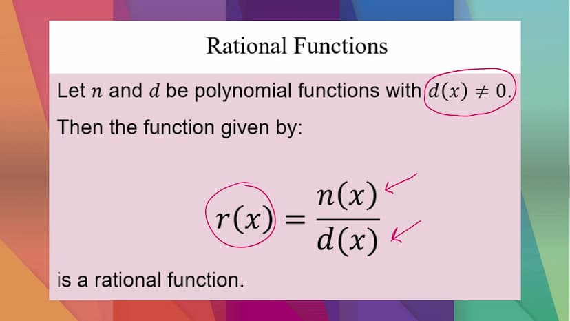 11-1 GRAPHING RATIONAL FUNCTIONS
PRE-AP PRE-CALCULUS Rational Functions
Let n and d be polynomial functions with (d(x) ‡ 0.
Then the functio