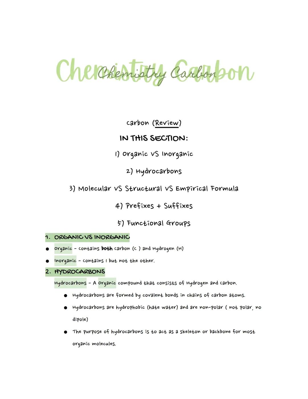 Carbon Chem - Organic VS Inorganic, Hydrocarbons, Molecular/Structural/Empirical Formula, Functionnal Groups