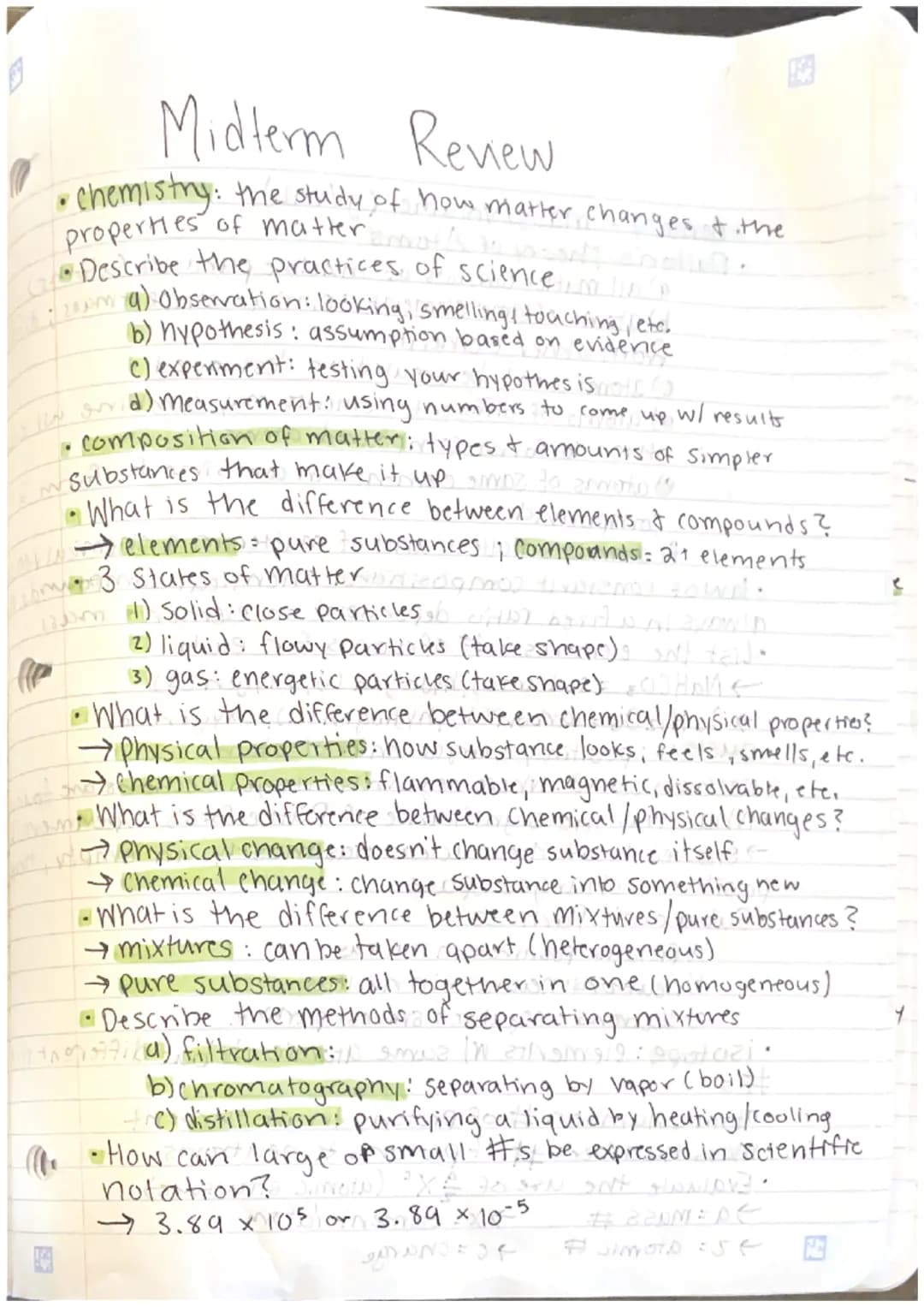 Midterm Review
.
• Chemistry: the study of how matter changes & the
properties of matters to so sorty codul.
C/ Describe the practices of sc