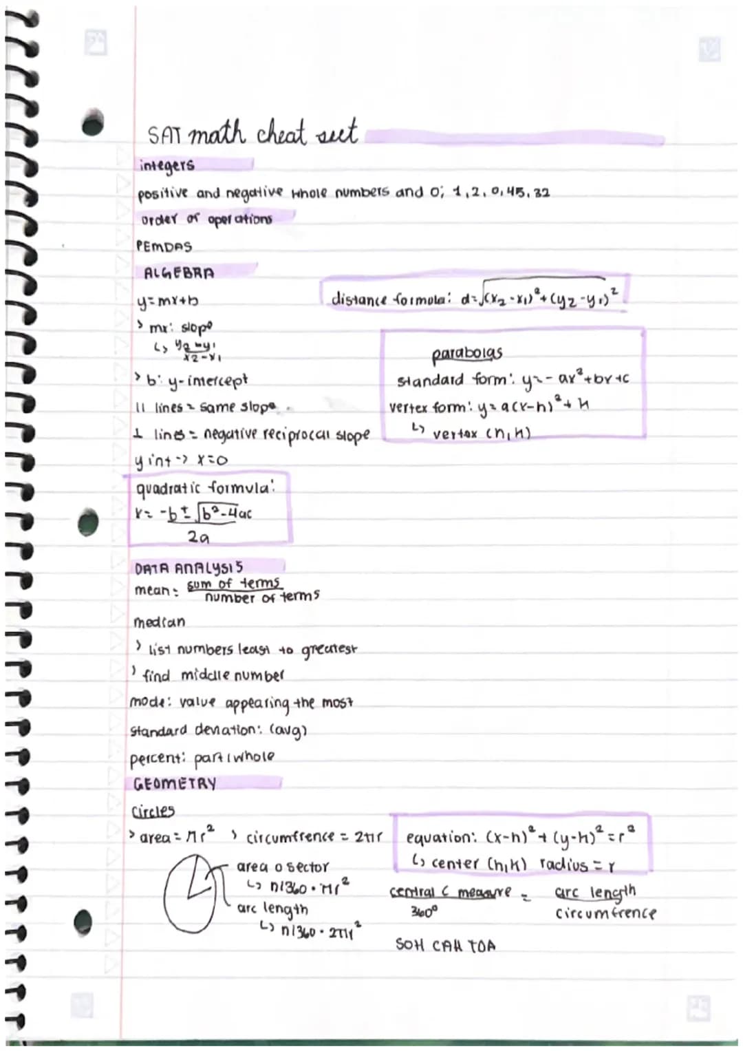 ↑↑↑↑ri
SAT math cheat seet
integers
positive and negative whole numbers and 0; 1,2,0,45,32
order of operations
PEMDAS
ALGEBRA
y=mx+b
> mr: s