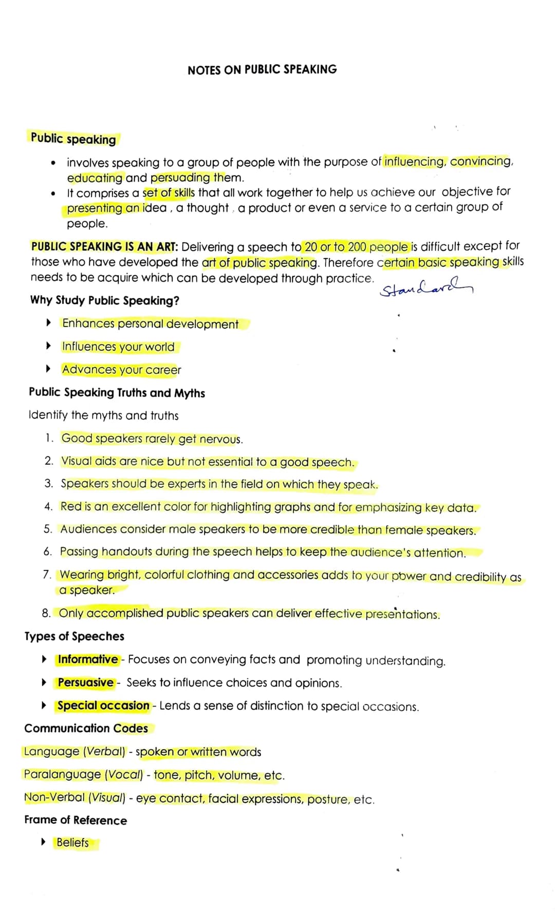 NOTES ON PUBLIC SPEAKING
Public speaking
• involves speaking to a group of people with the purpose of influencing, convincing,
educating and