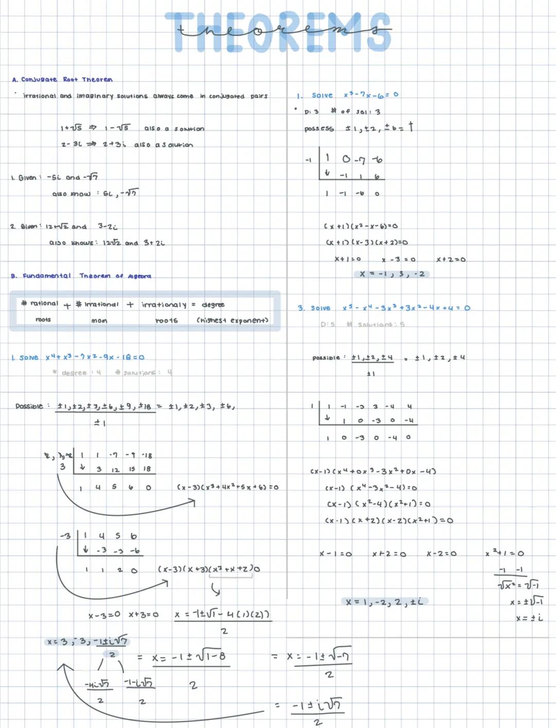 # THEOREMS

A. Conjugate Root Theorem.

irrational and imaginary solutions always come in conjugated pairs

$1+i\sqrt{3} \Rightarrow 1-i\sqr