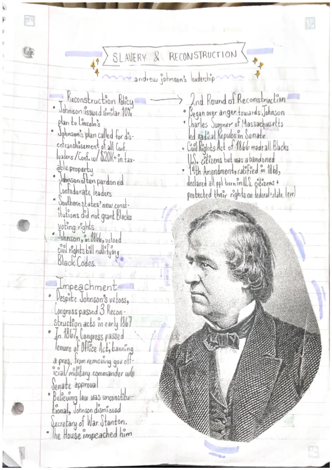 h
SLAVERY & RECONSTRUCTION
me andrew johnson's leadership m
Reconstruction Policy
•Johnson issued similar 10%
plan to Lincoln's
Johnson's pl