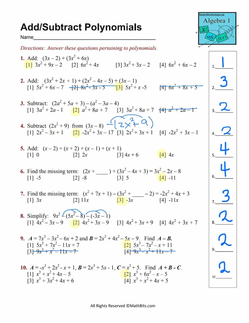 
<h2 id="addingpolynomialexpressions">Adding Polynomial Expressions</h2>
<ol>
<li><p><strong>(-3x² +5x-19) + (4x²–2x)</strong><br />
Answer: