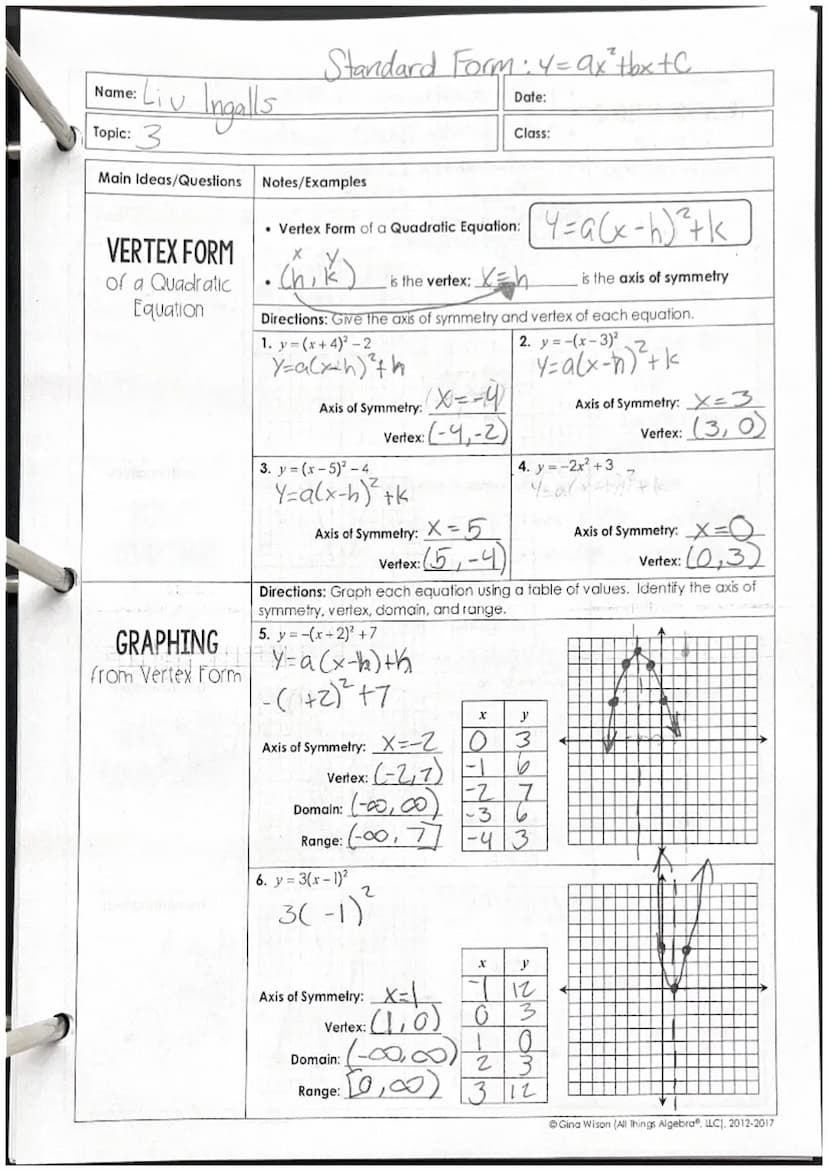 Name:
Topic:
Main Ideas/Questions
Steps to Graph a
QUADRATIC
EQUATION
EXAMPLES
X=-b
га
Notes/Examples
Find the axis of symmetry.
Axis of Sym