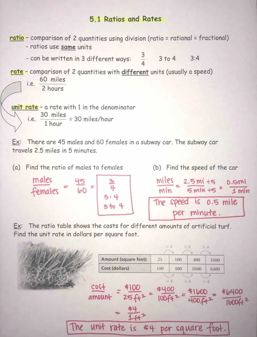 ratio - comparison of 2 quantities using division (ratio = rational = fractional)
- ratios use same units
- can be written in 3 different wa
