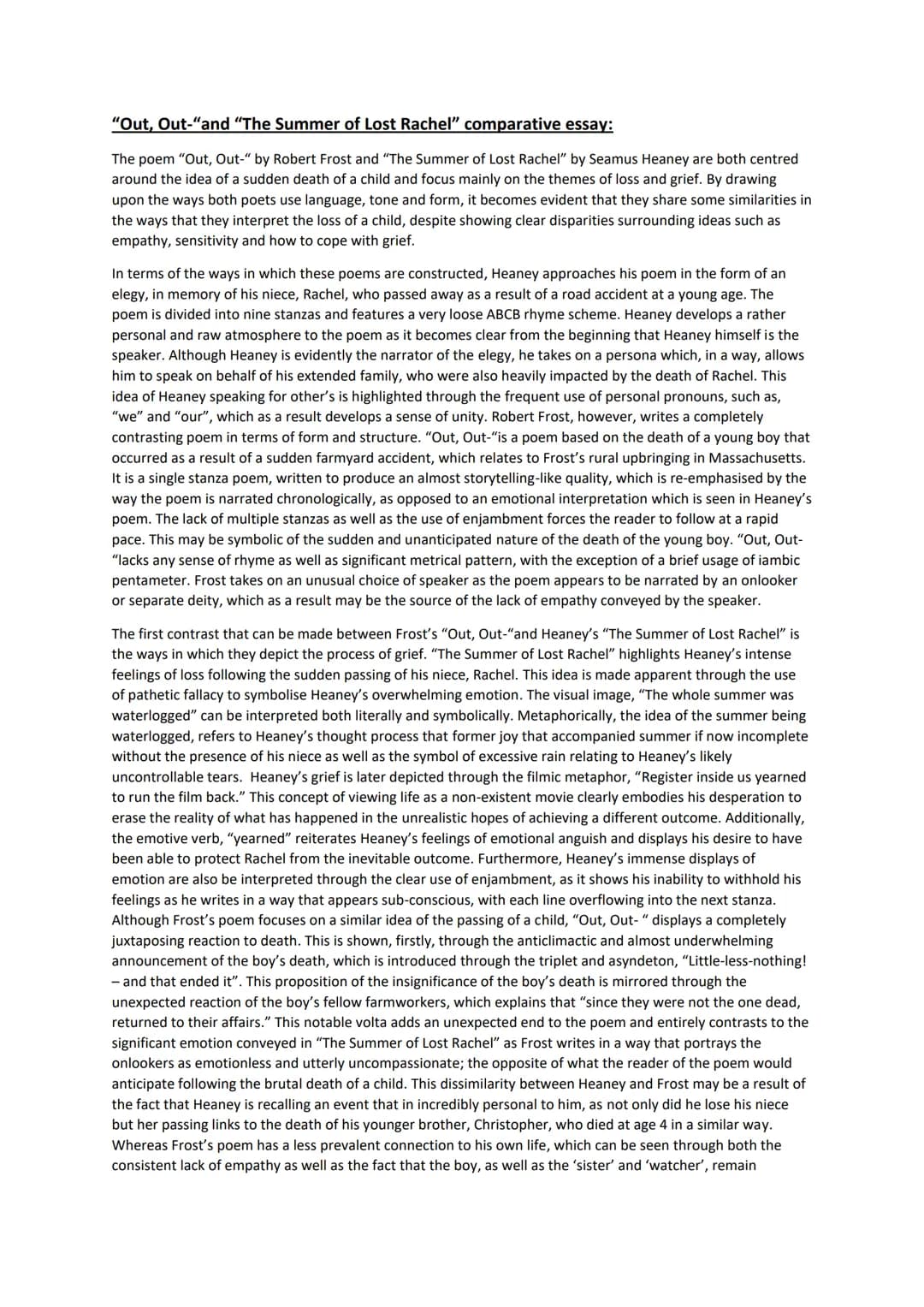 "Out, Out-"and "The Summer of Lost Rachel" comparative essay:
The poem "Out, Out-" by Robert Frost and "The Summer of Lost Rachel" by Seamus