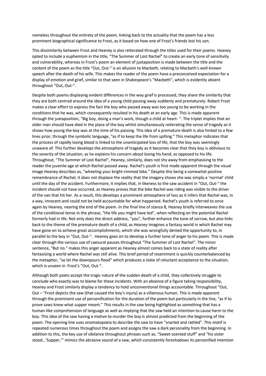 "Out, Out-"and "The Summer of Lost Rachel" comparative essay:
The poem "Out, Out-" by Robert Frost and "The Summer of Lost Rachel" by Seamus