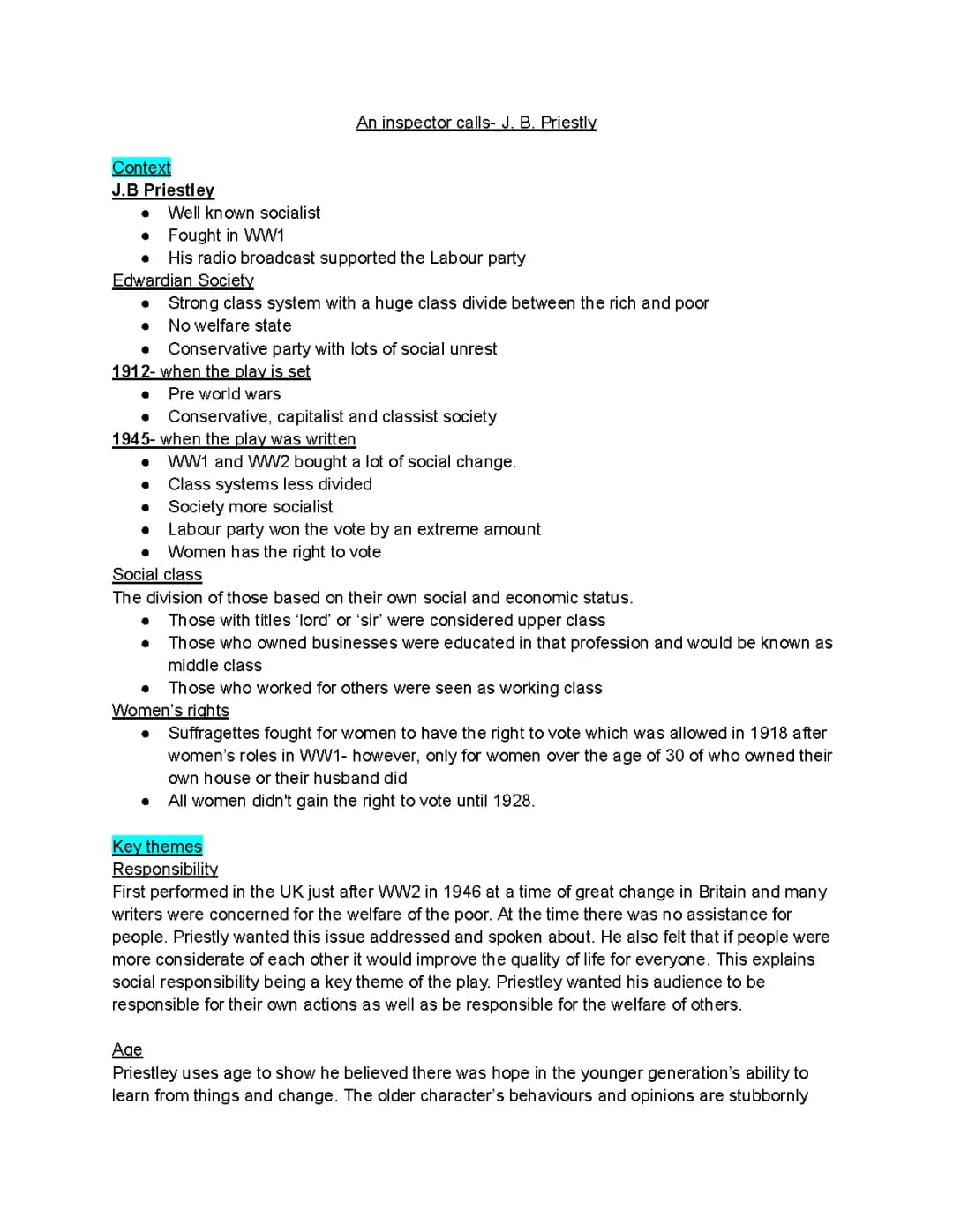An Inspector Calls: Themes, Context, Social Class, and Gender Notes PDF