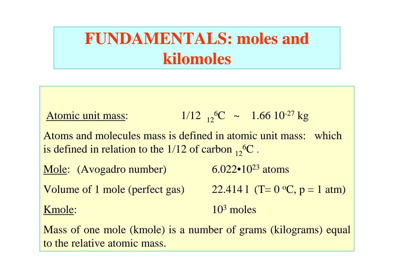 STOICHIOMETRY OF
COMBUSTION FUNDAMENTALS: moles and
kilomoles
Atomic unit mass:
1/12 12°C
1.66 10-27 kg
Atoms and molecules mass is defined 
