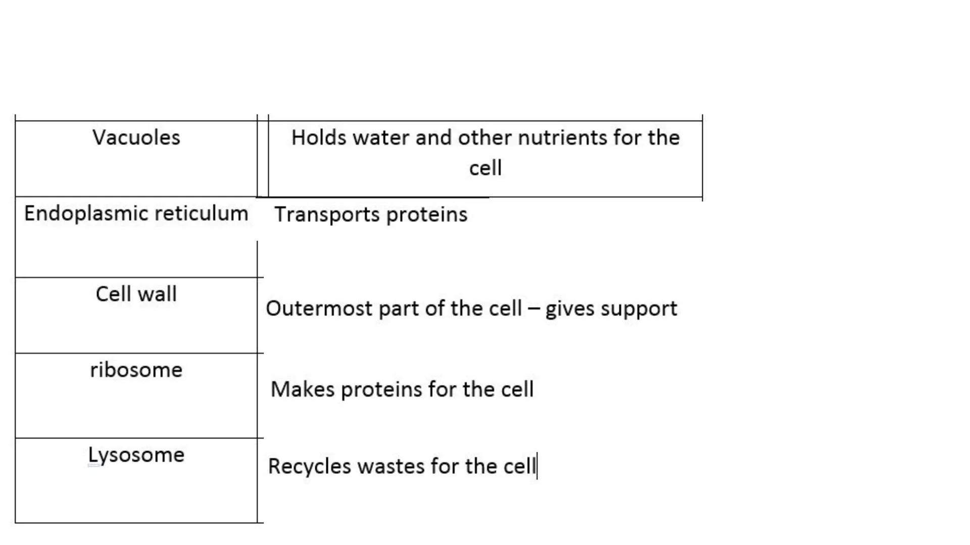 nucleus
Golgi
Complex
ribosome
ER
lo
mitochondria
Cell wall
cytoplasm
chromosome
Cell
membrane
chloroplast
vacuole Cell membrane
Nucleus
Cyt