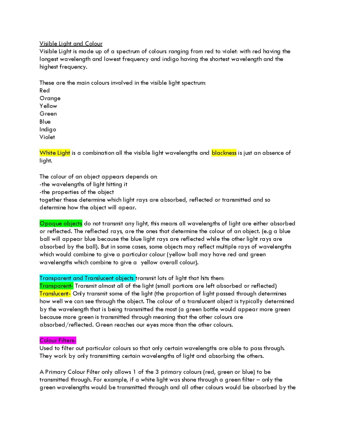 Visible Light and Colour