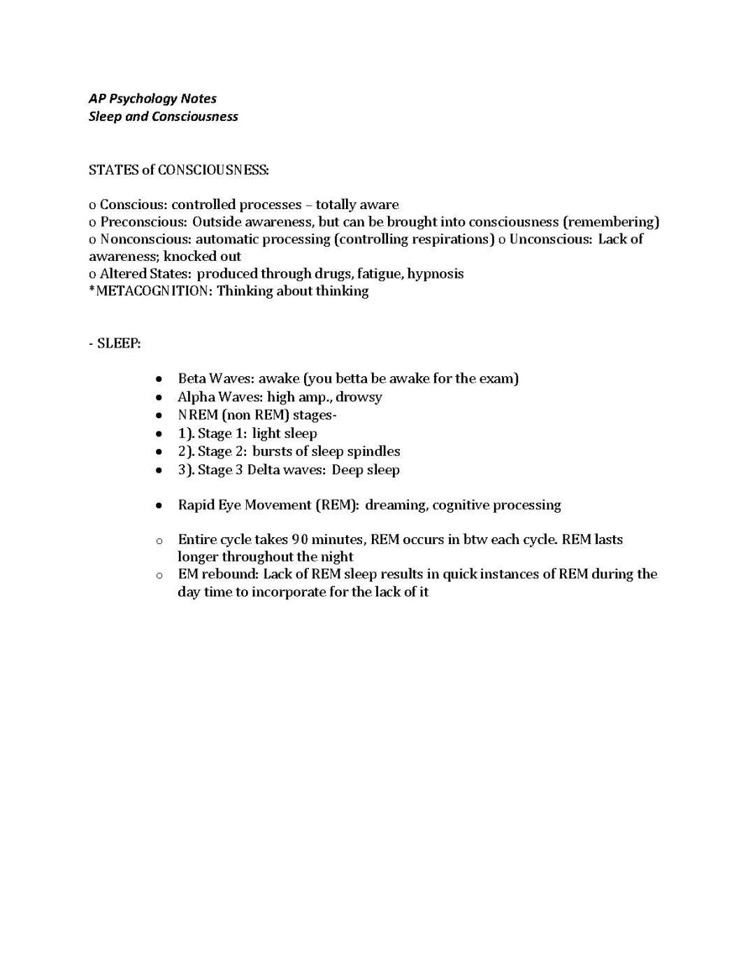 Understanding Sleep, Consciousness, and REM Cycle in AP Psychology