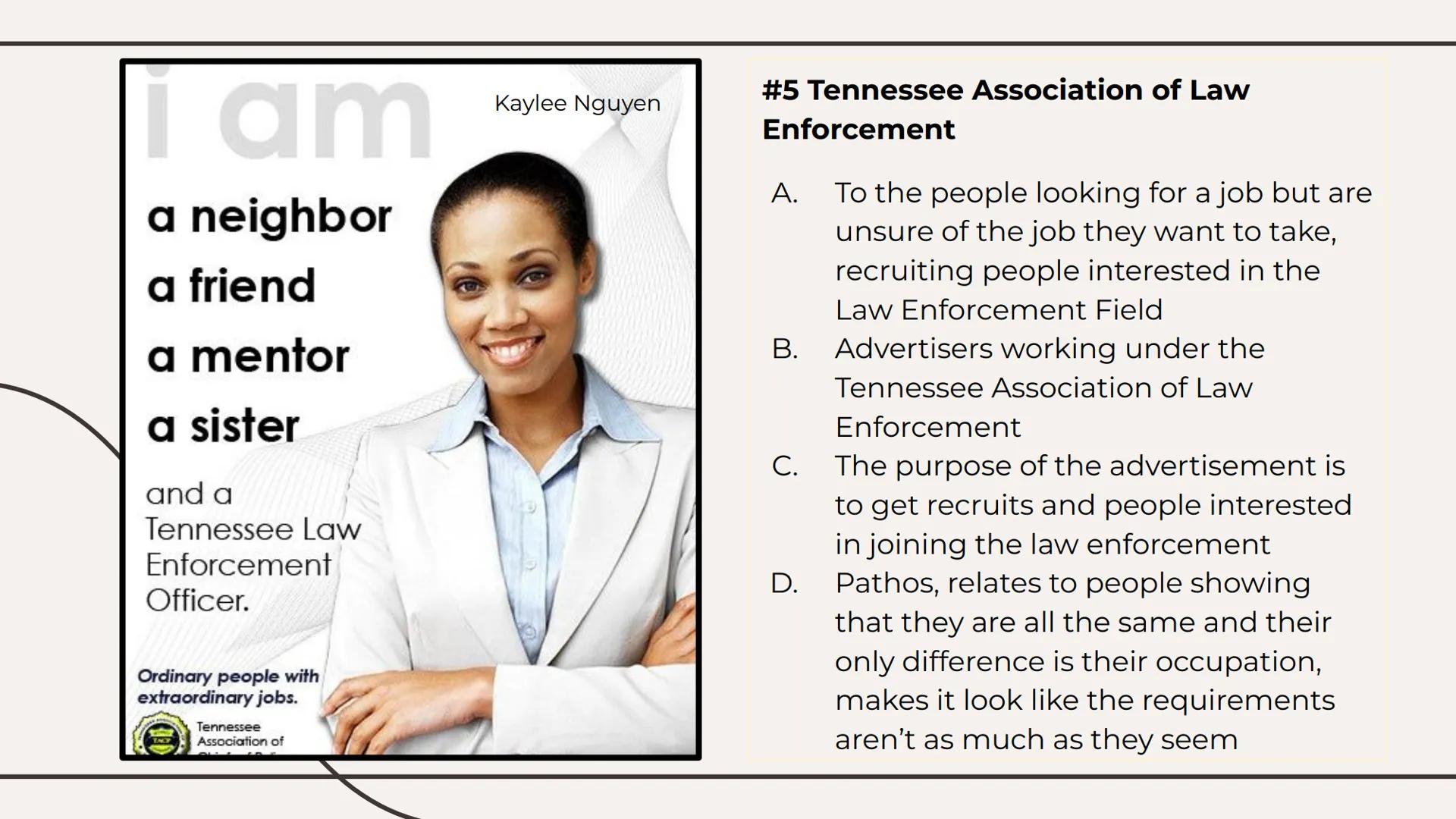 Ethos, Pathos,
Logos Ads. THIS IS AN
AD FOR MEN.
Hire more women in leadership roles. We're all worth it.
Kaylee Nguyen
Profitability
+15%*
