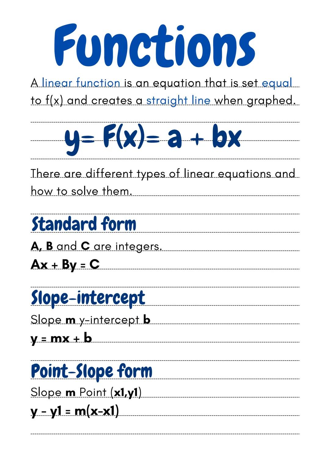Functions
A linear function is an equation that is set equal....
to f(x) and creates a straight line when graphed.
y= F(x)= a + bx
There are