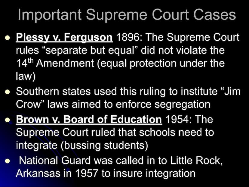 The Civil Rights
Movement: 1950s-70s
EQ: How much of an impact
does the Civil Rights movement
have on modern US society? Important Supreme C