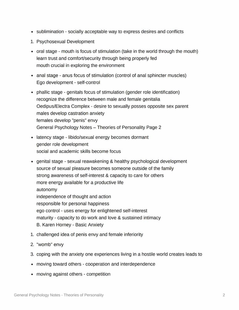 General Psychology
Notes - Theories of Personality
1. Psychodynamic - movement of psychic energy
A. Sigmund Freud (Psychoanalytic)
1. Two In