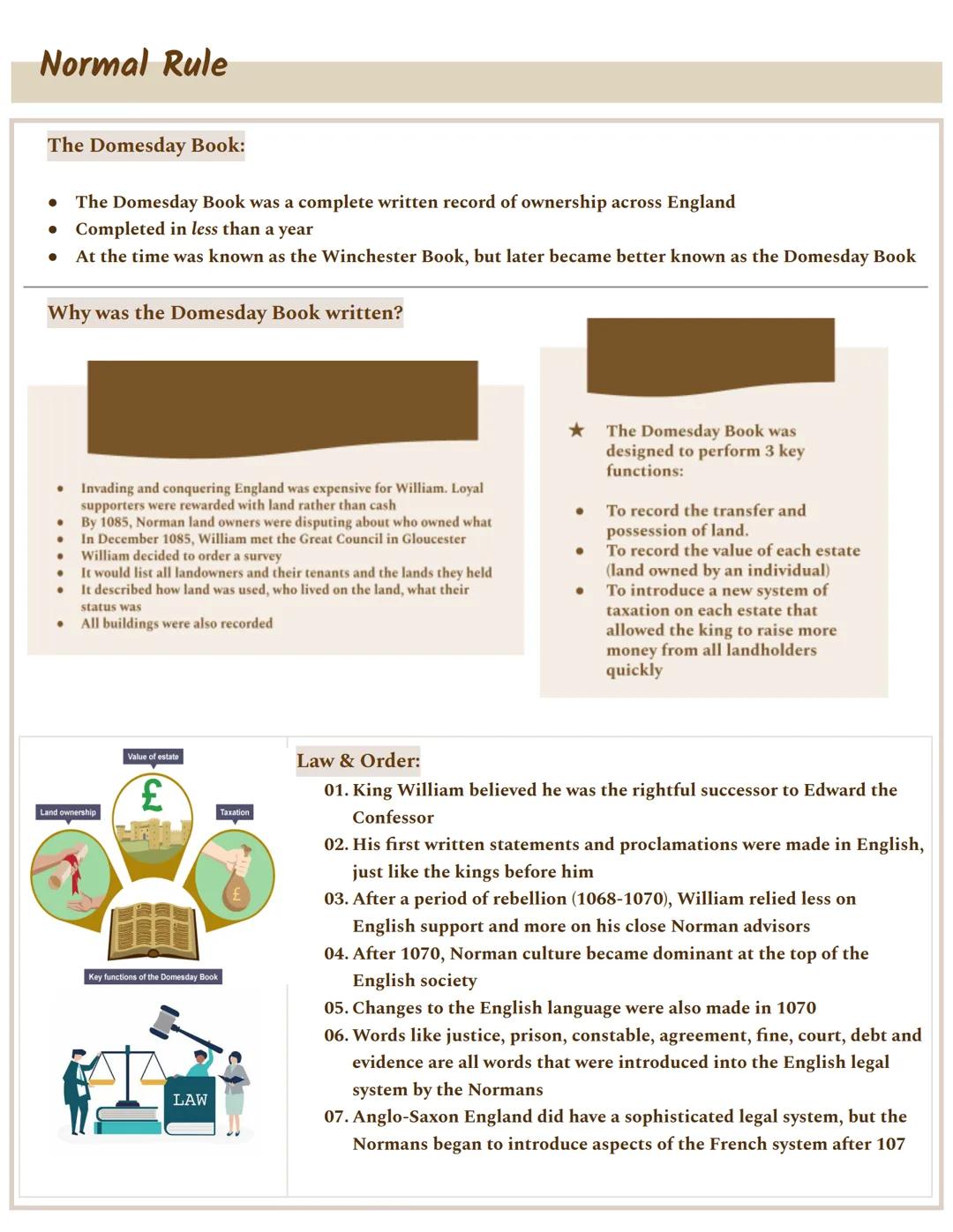 # Normal Rule

## The Domesday Book:

- The Domesday Book was a complete written record of ownership across England
- Completed in less than