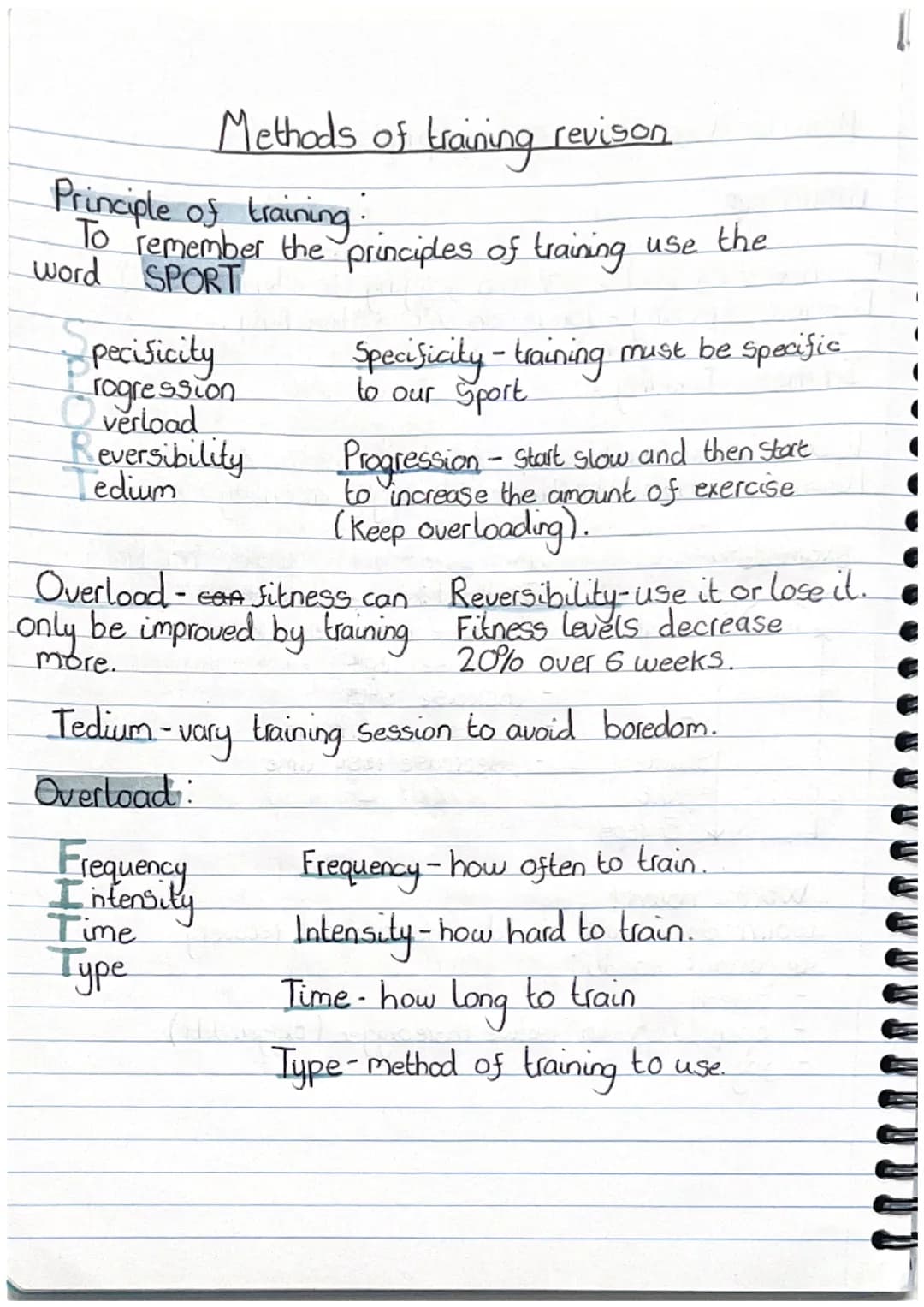 
<h2 id="principlesoftraining">Principles of Training</h2>
<p>To remember the principles of training, use the word SPORT:</p>
<ul>
<li>Speci